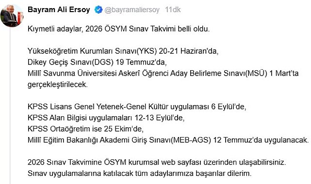 2026 ÖSYM sınav takvimi belli oldu