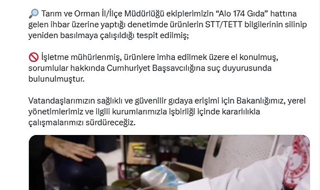 Bakan Yumaklı: Son tüketim tarihi geçmiş 30 ton gıda ürünü ele geçirildi