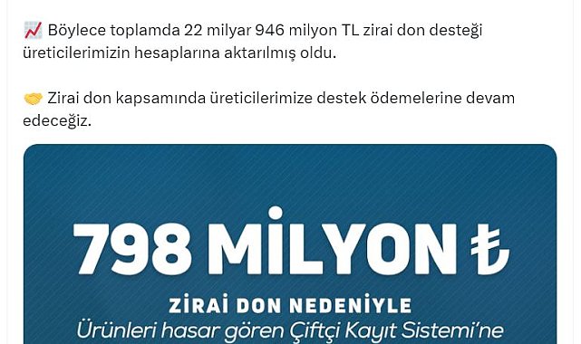 Bakanlıktan üreticilere 22 milyar 946 milyon lira zirai don desteği