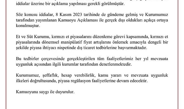 Et ve Süt Kurumu: Tüm faaliyetlerimiz her yıl denetlenmektedir