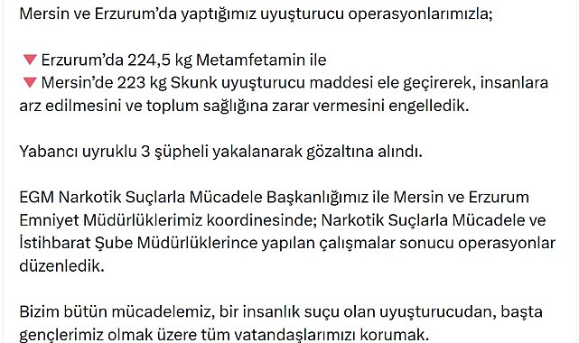 Mersin ve Erzurum'da yüklü miktarda uyuşturucu ele geçirildi: 3 gözaltı
