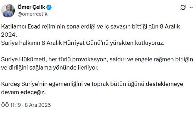 AK Parti'li Çelik: Suriye halkının 'Hürriyet Günü'nü yürekten kutluyoruz