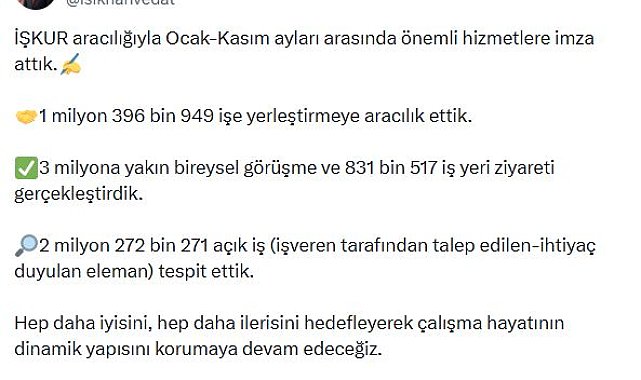Bakan Işıkhan, İŞKUR aracılığıyla 1,3 milyon işe yerleştirmeye aracılık ettik