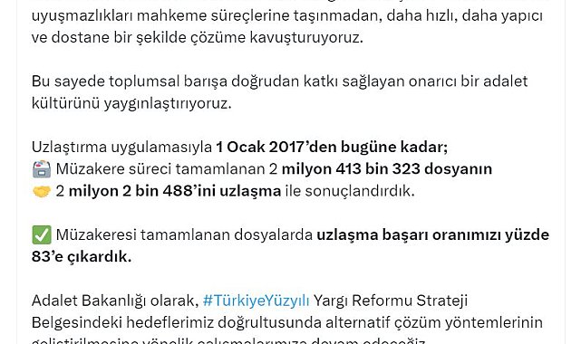 Bakan Tunç: Uzlaşma başarı oranımızı yüzde 83'e çıkardık