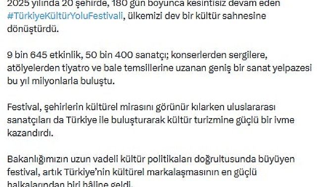 Türkiye Kültür Yolu Festivali, 9 bin 645 etkinliğe ev sahipliği yaptı