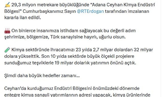 Bakan Kacır: Ceyhan Kimya Endüstri Bölgesi, on binlerce insanımıza istihdam sağlayacak