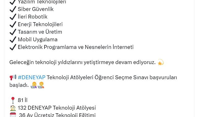 Bakan Kacır: DENEYAP Atölyeleri öğrenci seçme sınavı başvuruları başladı