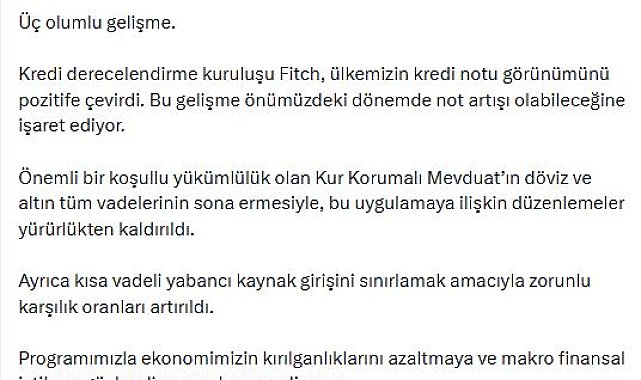 Bakan Şimşek: Fitch, ülkemizin kredi notu görünümünü pozitife çevirdi