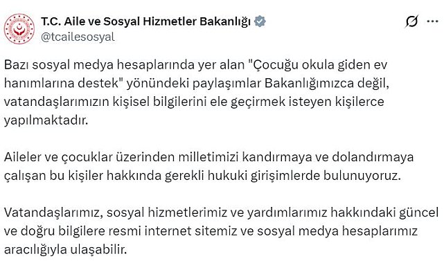 Bakanlıktan, 'Çocuğu okula giden ev hanımlarına destek' iddialarına yalanlama