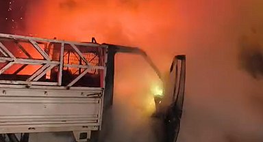 Duvara çarpan kamyonet yandı