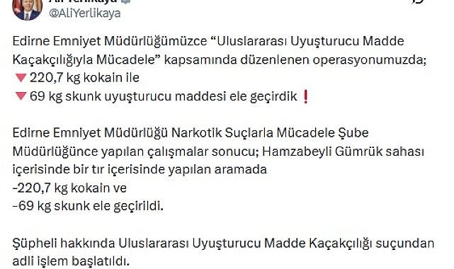 Hamzabeyli'de 220,7 kilo kokain ile 69 kilo skunk ele geçirildi