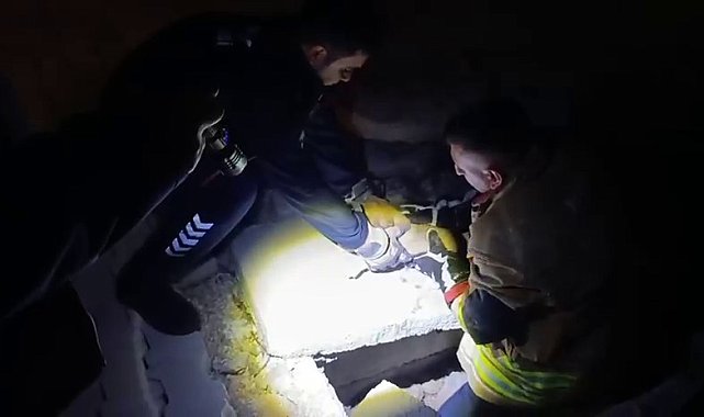 Hatay'da rögarda sıkışan yavru köpek, kurtarıldı