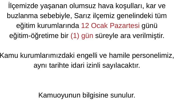 Kayseri'de 2 ilçede okullar tatil edildi