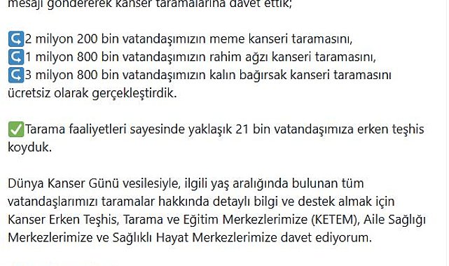 Bakan Memişoğlu'ndan, '4 Şubat Dünya Kanser Günü' paylaşımı