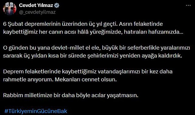 Cevdet Yılmaz, 6 Şubat depremlerinde hayatını kaybedenleri andı