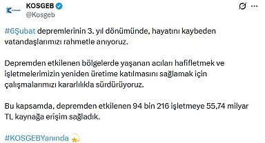 KOSGEB: Depremden etkilenen 94 bin 216 işletmeye 55,74 milyar TL kaynak sağladık