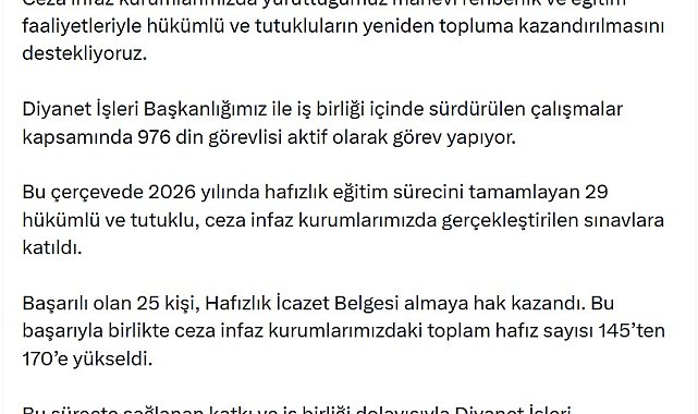 Bakan Gürlek: Ceza infaz kurumlarımızdaki hafız sayısı 170'e yükseldi