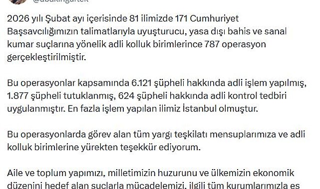 Bakan Gürlek: Şubatta yasa dışı bahis, sanal kumar ve uyuşturucudan 1877 şüpheli tutuklandı