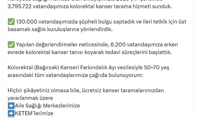 Bakan Memişoğlu: 2025'te 3 milyon 795 bin 722 vatandaşımıza kolorektal kanser tarama hizmeti sunduk