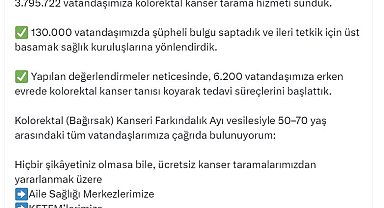 Bakan Memişoğlu: 2025'te 3 milyon 795 bin 722 vatandaşımıza kolorektal kanser tarama hizmeti sunduk