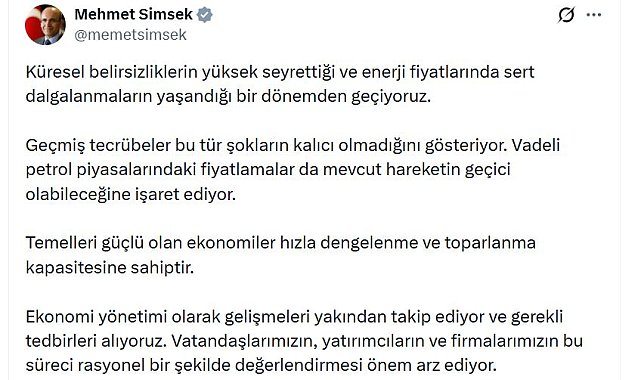 Bakan Şimşek: Geçmiş tecrübeler bu tür şokların kalıcı olmadığını gösteriyor