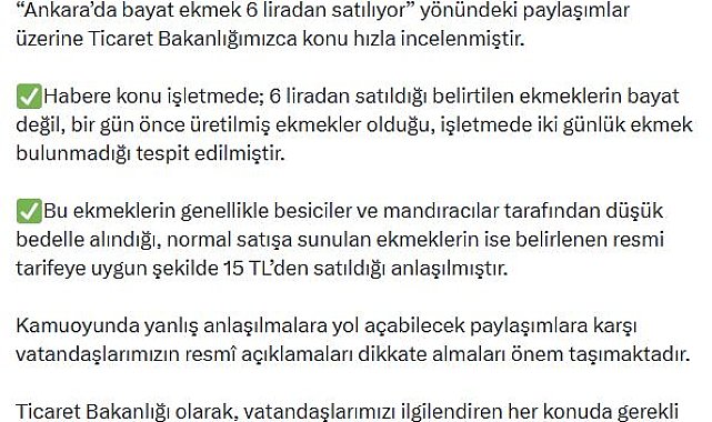 Bakanlıktan 'Bayat ekmek 6 liradan satılıyor' iddiasına açıklama