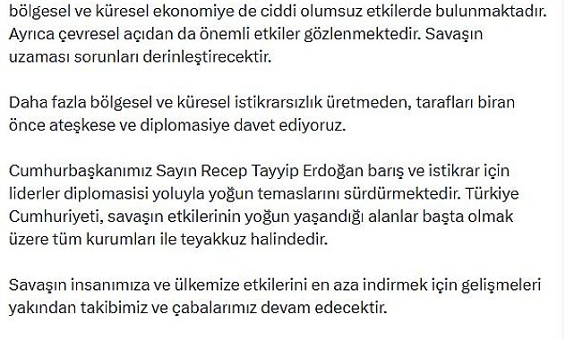 Cevdet Yılmaz: Tarafları biran önce ateşkese ve diplomasiye davet ediyoruz