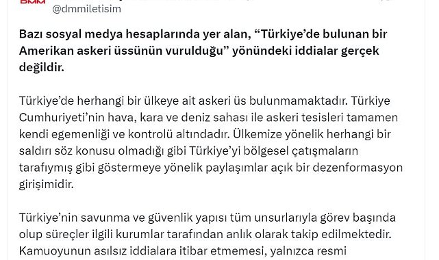 DMM: Türkiye'de herhangi bir ülkeye ait askeri üs bulunmamaktadır