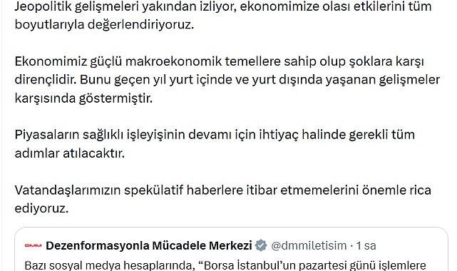 DMM'den 'Borsa İstanbul'un pazartesi günü işlemlere kapatılacağı' iddialarına yalanlama