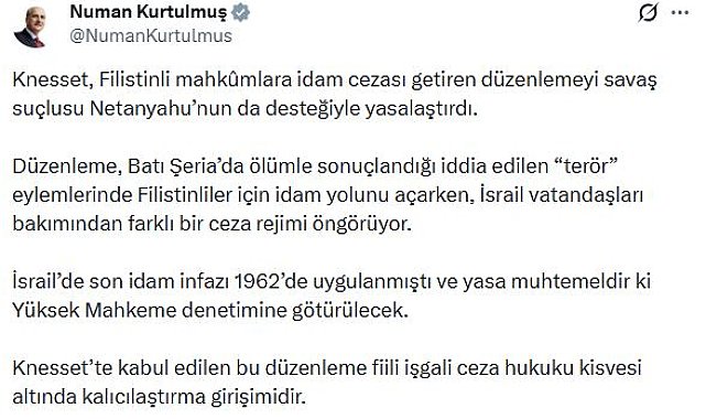 Kurtulmuş: Bir topluluğa idam, diğerine başka yaptırım öngören yaklaşım apaçık zulümdür