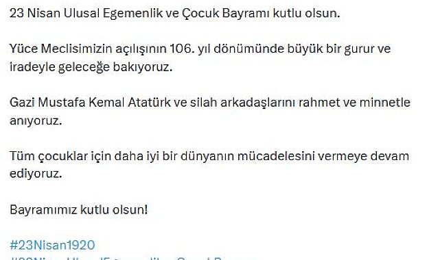AK Parti'li Çelik: 23 Nisan Ulusal Egemenlik ve Çocuk Bayramı kutlu olsun