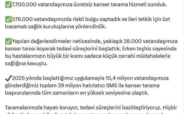 Bakan Memişoğlu: 2025 yılında 7 milyon 700 bin kişiye kanser taraması yapıldı