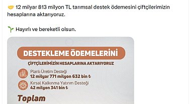 Bakan Yumaklı: 12 milyar 813 milyon TL tarımsal destek ödemesini çiftçilerimizin hesaplarına aktarıyoruz