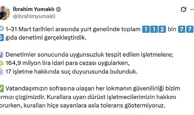 Bakan Yumaklı: Martta 112 bin 770 gıda denetimi gerçekleştirdik