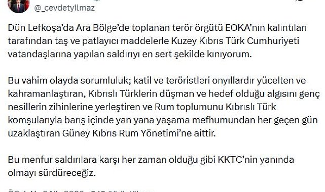 Cevdet Yılmaz: EOKA kalıntılarının saldırısını en sert şekilde kınıyorum