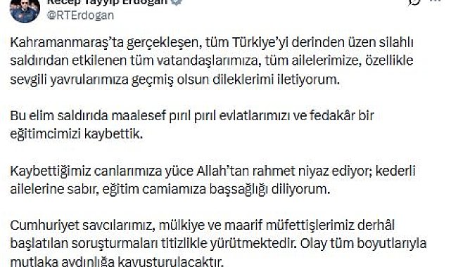 Cumhurbaşkanı Erdoğan: Eğitim camiamıza başsağlığı diliyorum