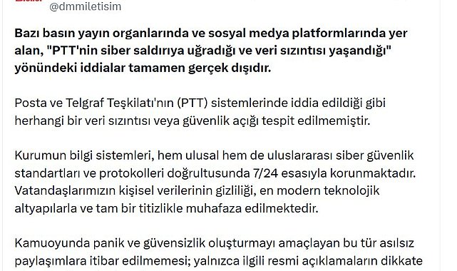 DMM: PTT sistemlerinde herhangi bir veri sızıntısı tespit edilmedi