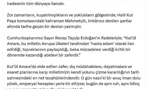 İletişim Başkanı Duran'dan 'Kut'ül Amare Zaferi' paylaşımı
