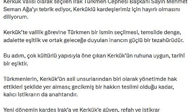 İletişim Başkanı Duran'dan Kerkük Valisi seçilen Mehmet Seman Ağa'ya tebrik