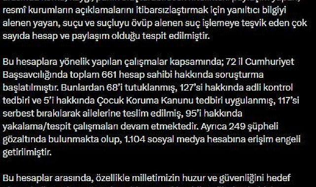 İletişim Başkanlığı: Okullardaki saldırılara ilişkin 661 hesap sahibi hakkında soruşturma başlatıldı