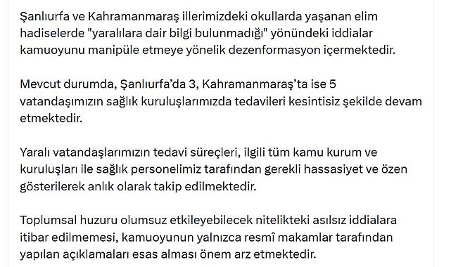 İletişim Başkanlığı: Şanlıurfa'da 3, Kahramanmaraş'ta 5 kişinin tedavisi devam ediyor