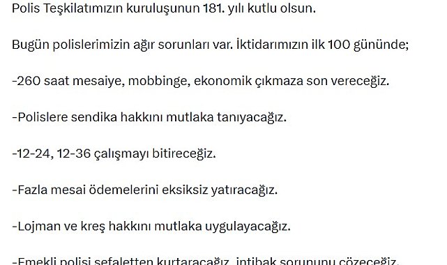 Özgür Özel, Türk Polis Teşkilatı'nın 181'inci kuruluş yıl dönümünü kutladı
