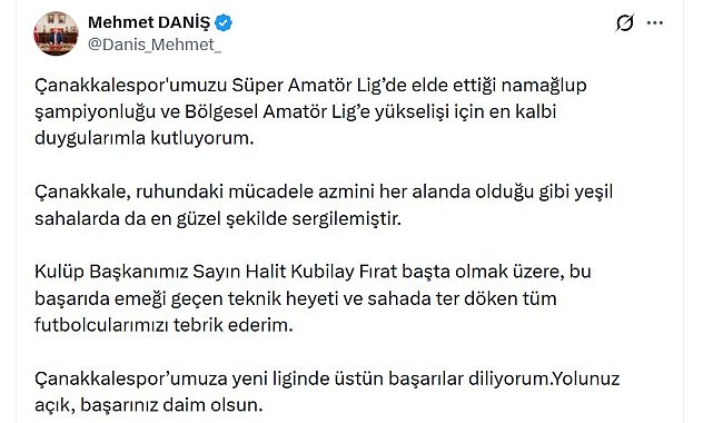 RTÜK Başkanı Daniş, Süper Amatör Lig'de şampiyon olan Çanakkalespor'u kutladı