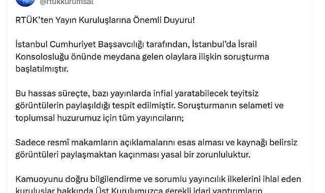 RTÜK'ten İsrail Konsolosluğu önündeki olaylara ilişkin açıklama
