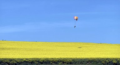 Sarı renge bürünen kanola tarlası üzerinde paramotorla uçtu