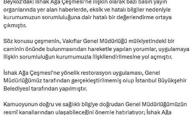 Vakıflar Genel Müdürlüğü'nden 'İshak Ağa Çeşmesi' açıklaması