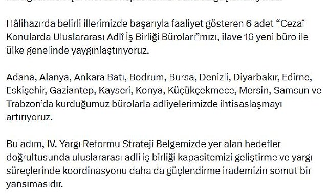 Adalet Bakanlığı'ndan 16 yeni Uluslararası Adli İş Birliği Bürosu
