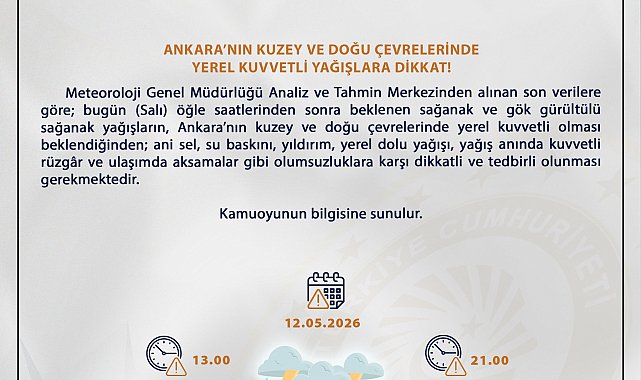Ankara Valiliğinden 'gök gürültülü sağanak' uyarısı