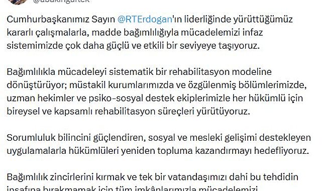 Bakan Gürlek: Bağımlılıkla mücadeleyi sistematik bir rehabilitasyon modeline dönüştürüyoruz