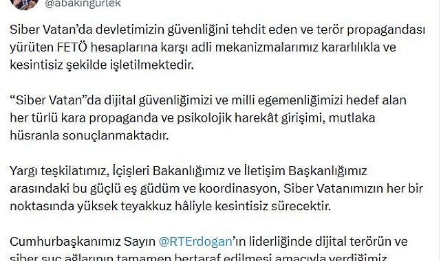 Bakan Gürlek: FETÖ hesaplarına karşı adli mekanizmalarımız kesintisiz işletilmektedir